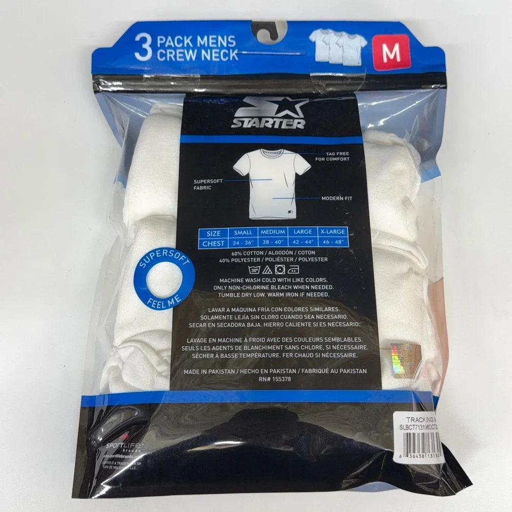 Starter Mens 3 Pack Crew Neck Undershirts White Modern Fit Cotton Essentials M